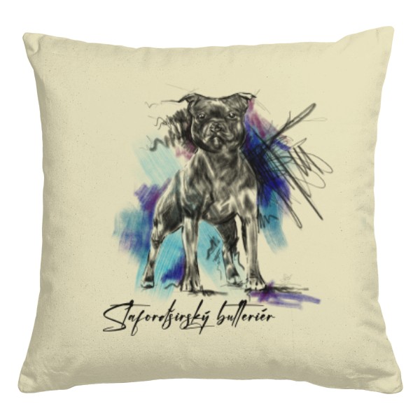 Polštář bavlněný  s potiskem Stafordširský bulteriér